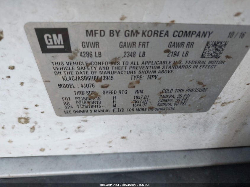 2017 Buick Encore VIN KL4CJASB6HB043945 IAAI salvage auction — NORMAL WEAR, Clear (Florida), sold $2,300 on 2026-08-29 (photo 9)