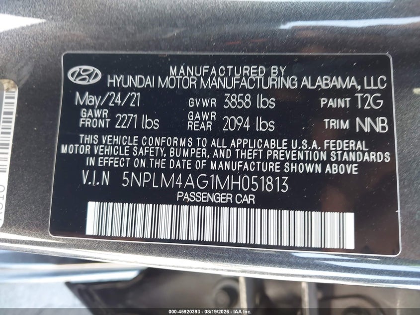 2021 Hyundai Elantra VIN 5NPLM4AG1MH051813 IAAI salvage auction — REAR END, Wait Title, sold $3,250 on 2026-09-09 (photo 9)