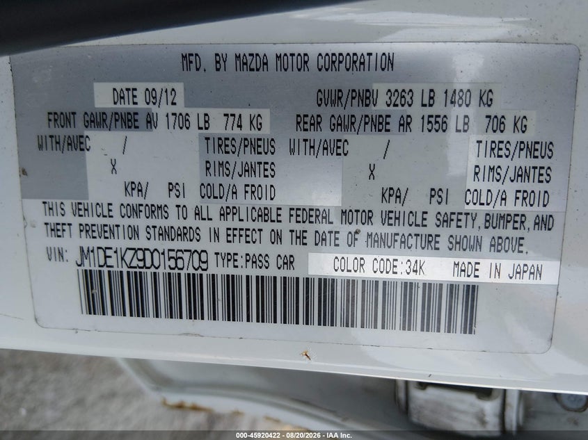 2013 Mazda 2 VIN JM1DE1KZ9D0156709 IAAI salvage auction — REAR END, Wait Title, sold $900 on 2026-09-21 (photo 9)