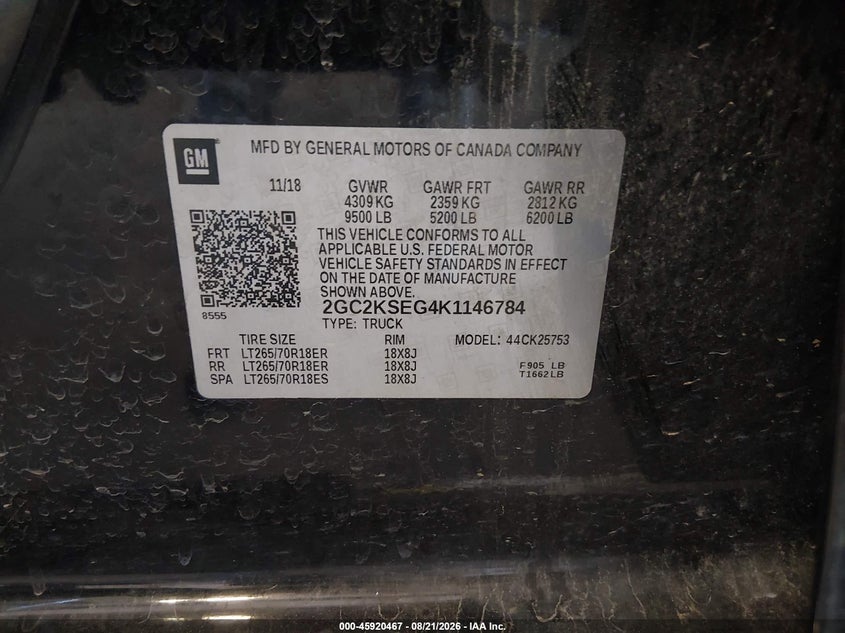 2019 Chevrolet Silverado VIN 2GC2KSEG4K1146784 IAAI salvage auction — HAIL, Salvage Title, sold $7,900 on 2026-09-11 (photo 9)