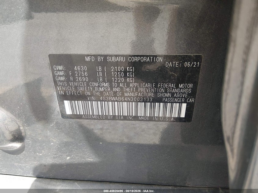 2022 Subaru LEGACY VIN 4S3BWAB64N3003133 IAAI salvage auction — LEFT & RIGHT, Sf97 (New York), sold $1,550 on 2026-09-08 (photo 9)