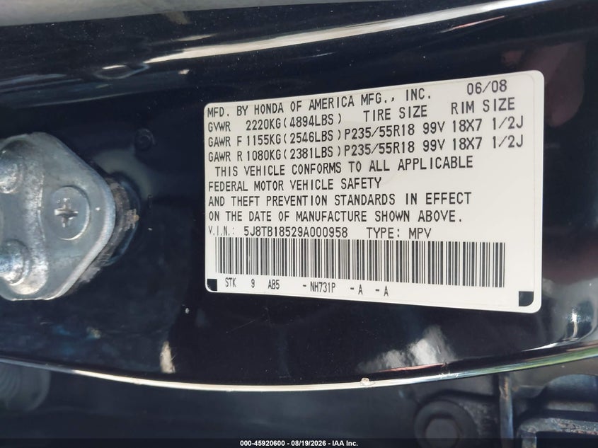 2009 Acura Rdx VIN 5J8TB18529A000958 IAAI salvage auction — RIGHT SIDE, Clear (New Jersey), sold $975 on 2026-09-05 (photo 9)