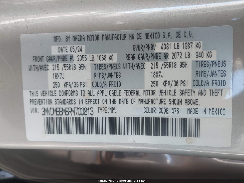 2024 Mazda Cx-30 VIN 3MVDMBBM8RM700813 IAAI salvage auction — FRONT END, Salvage (Idaho), sold $4,500 on 2026-08-31 (photo 9)