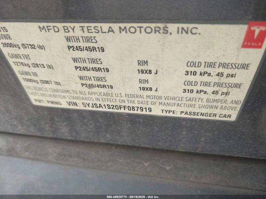 2015 Tesla Model s VIN 5YJSA1S20FF087919 IAAI salvage auction — NORMAL WEAR, Clear (Indiana), sold $2,575 on 2026-08-29 (photo 9)