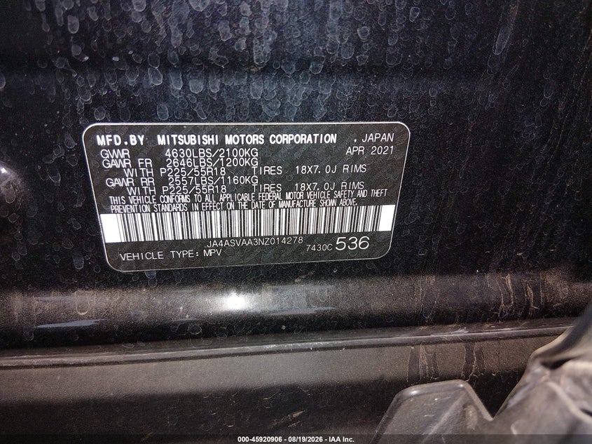 2022 Mitsubishi Eclipse cross VIN JA4ASVAA3NZ014278 IAAI salvage auction — FRONT END, Salvage (Arizona), sold $3,350 on 2026-09-06 (photo 9)