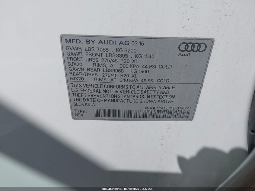 2015 Audi Q7 VIN WA1LMAFE1FD019369 IAAI salvage auction — NORMAL WEAR, Clear (New Jersey), sold $1,200 on 2026-08-29 (photo 9)