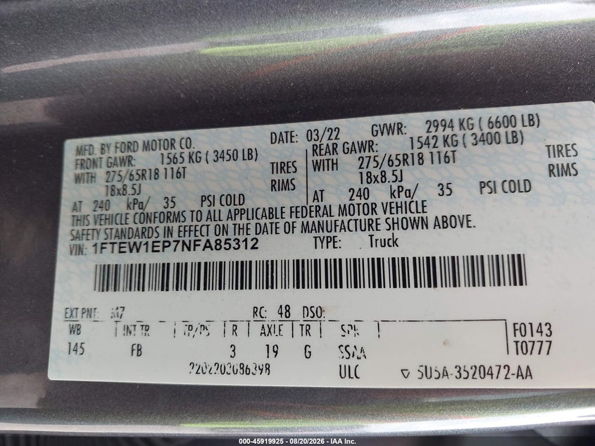 2022 Ford F-150 VIN 1FTEW1EP7NFA85312 IAAI salvage auction — REAR END, Rebuildable (Florida), sold $17,050 on 2026-09-10 (photo 9)