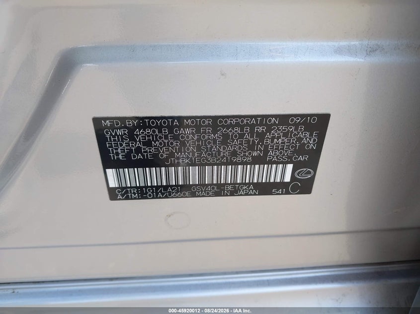 2011 Lexus Es 350 VIN JTHBK1EG3B2419898 IAAI salvage auction — REAR END, Salvage Certificate (California), sold $1,700 on 2026-09-07 (photo 9)
