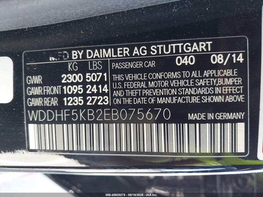 2014 Mercedes-benz E-klasse VIN WDDHF5KB2EB075670 IAAI salvage auction — FRONT END, Salvage (California), sold $3,450 on 2026-08-23 (photo 9)