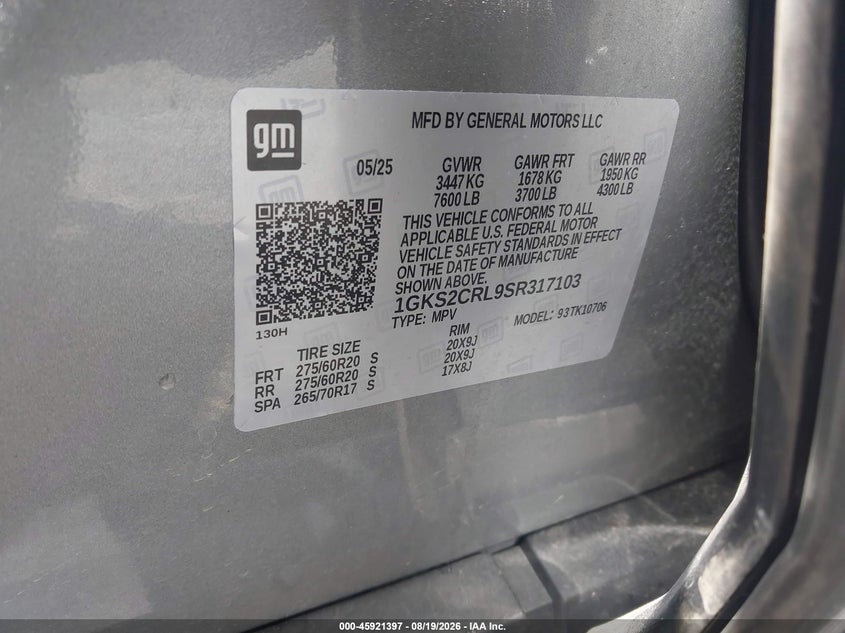 2025 Gmc Yukon VIN 1GKS2CRL9SR317103 IAAI salvage auction — FRONT END, Wait Title, sold $37,050 on 2026-09-28 (photo 9)