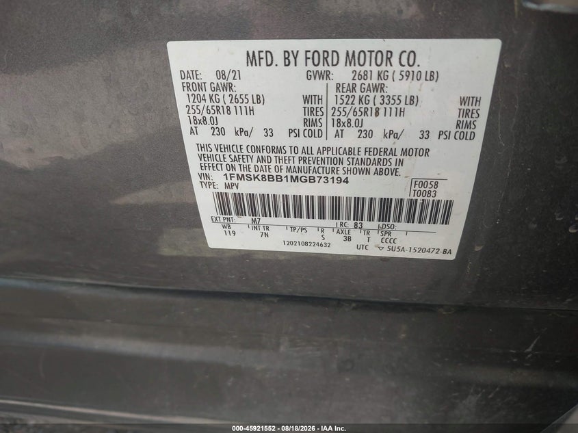 2021 Ford Explorer VIN 1FMSK8BB1MGB73194 IAAI salvage auction — NORMAL WEAR, Sf97 (Colorado), sold $0 on 2026-10-09 (photo 9)