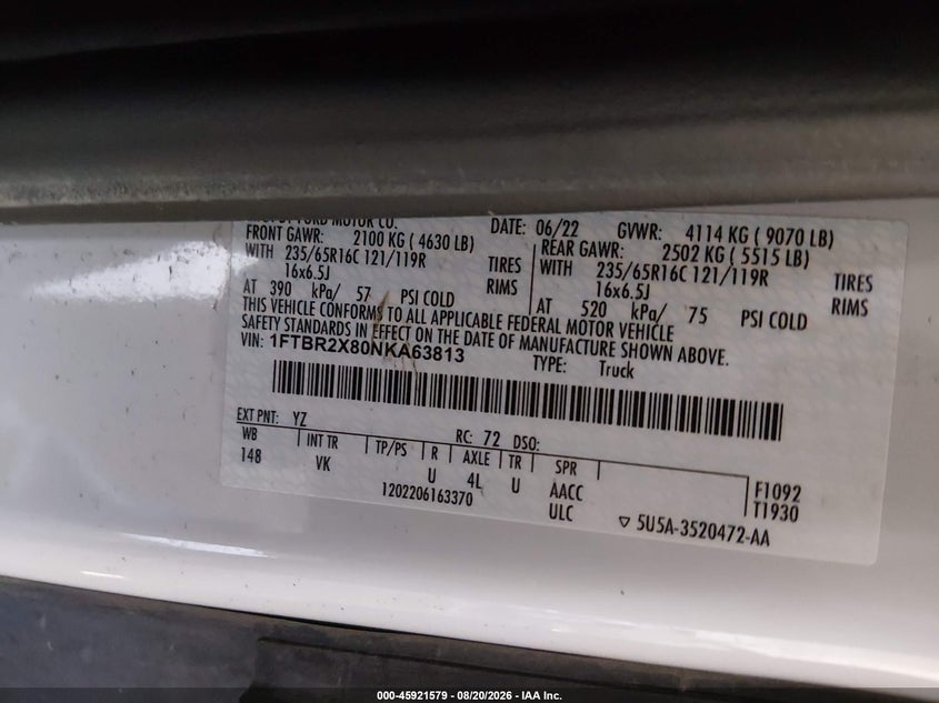 2022 Ford Transit VIN 1FTBR2X80NKA63813 IAAI salvage auction — UNKNOWN, Enterprise Vehicles Clear Only (Alaska), sold $24,000 on 2026-08-26 (photo 9)