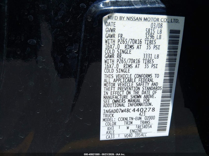 2008 Nissan Frontier VIN 1N6AD07W48C440278 IAAI salvage auction — NORMAL WEAR, Clear - Dealer Only (California), sold $425 on 2026-09-29 (photo 9)