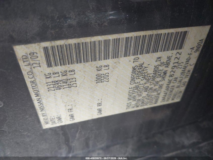 2010 Nissan Maxima VIN 1N4AA5AP4AC829122 IAAI salvage auction — SIDE, Clear (Massachusetts), sold $825 on 2026-08-31 (photo 9)