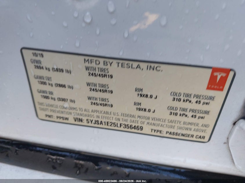 2020 Tesla Model s VIN 5YJSA1E25LF356469 IAAI salvage auction — FRONT END, Salvage (North Carolina), sold $12,650 on 2026-09-14 (photo 9)