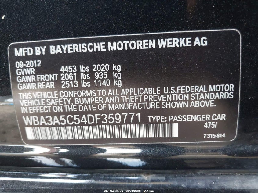 2013 BMW 3er VIN WBA3A5C54DF359771 IAAI salvage auction — REAR END, Salvage (Louisiana), sold $2,850 on 2026-09-11 (photo 9)