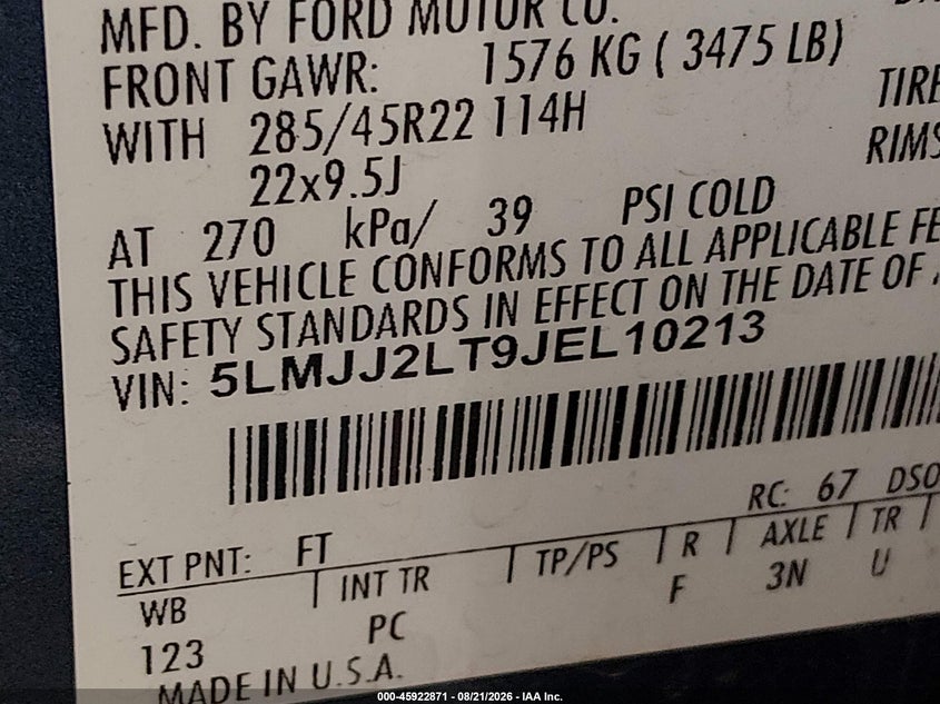 2018 Lincoln Navigator VIN 5LMJJ2LT9JEL10213 IAAI salvage auction — FRONT END, Wait Title, sold $2,050 on 2026-10-12 (photo 9)