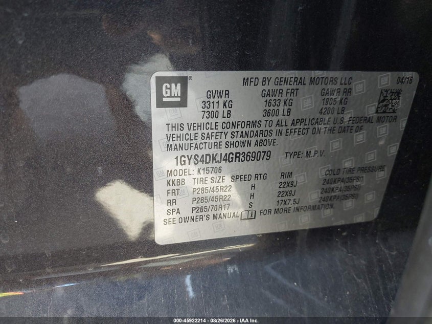 2016 Cadillac Escalade VIN 1GYS4DKJ4GR369079 IAAI salvage auction — FRONT END, Certificate Of Title (Nebraska), sold $6,600 on 2026-09-05 (photo 9)