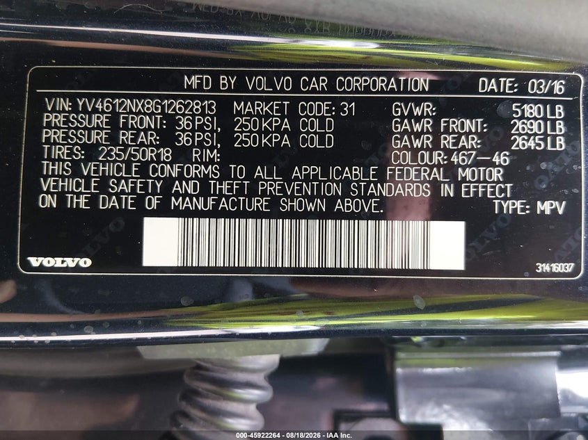 2016 Volvo Xc70 VIN YV4612NX8G1262813 IAAI salvage auction — SIDE, Original (Vermont), sold $1,950 on 2026-08-20 (photo 9)