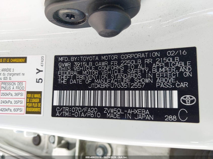 2016 Toyota Prius VIN JTDKBRFU7G3512557 IAAI salvage auction — FRONT END, Salvage (California), sold $1,900 on 2026-08-30 (photo 9)