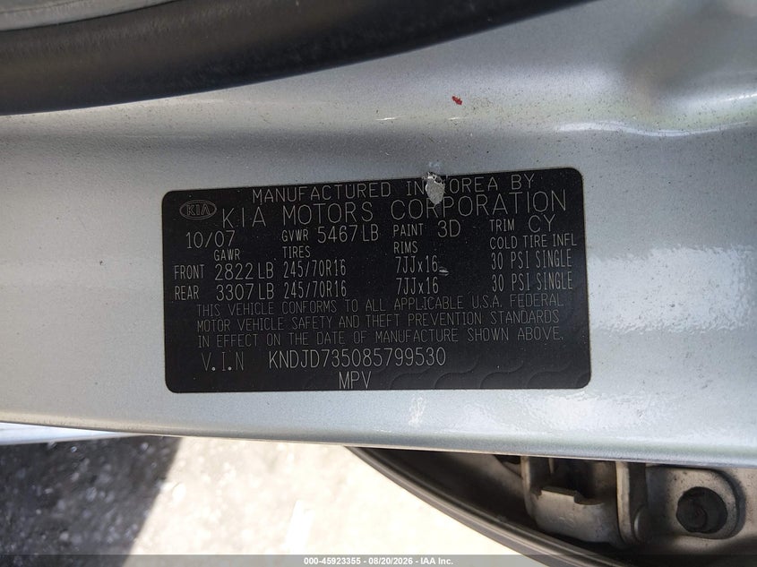 2008 Kia Sorento VIN KNDJD735085799530 IAAI salvage auction — REAR END, Salvage Certificate (California), sold $500 on 2026-09-02 (photo 9)