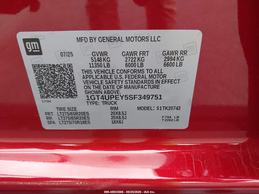 2025 Gmc SIERRA VIN 1GT4UPEY5SF349751 IAAI salvage auction — FRONT END, Mv-907A (New York), sold $24,300 on 2026-09-25 (photo 9)