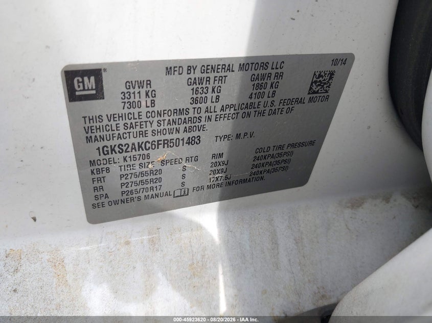 2015 Gmc Yukon VIN 1GKS2AKC6FR501483 IAAI salvage auction — RIGHT FRONT, Wait Title, sold $5,000 on 2026-09-05 (photo 9)