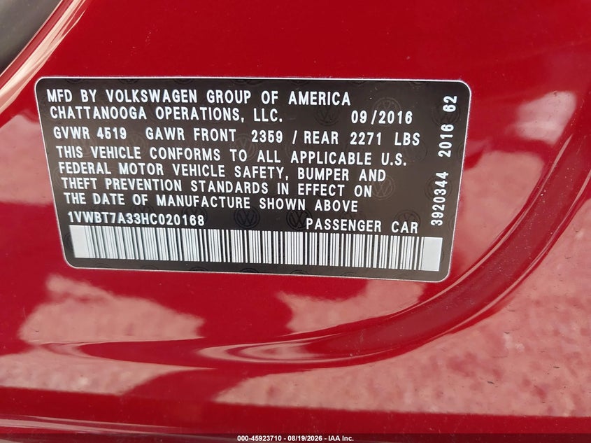 2017 Volkswagen Passat VIN 1VWBT7A33HC020168 IAAI salvage auction — REAR END, Salvage (Virginia), sold $2,175 on 2026-09-11 (photo 9)