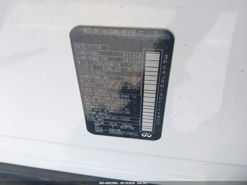 2019 Infiniti QX50 VIN 3PCAJ5M16KF115403 IAAI salvage auction — RIGHT SIDE, Wait Title, sold $4,550 on 2026-09-22 (photo 9)