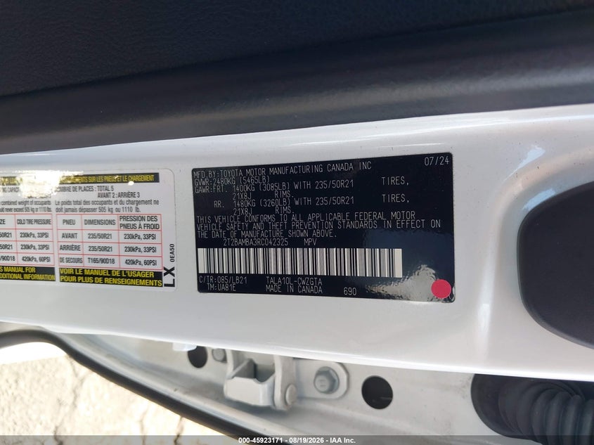 2024 Lexus Rx VIN 2T2BAMBA3RC042325 IAAI salvage auction — RIGHT REAR, Wait Title, sold $22,600 on 2026-09-10 (photo 9)