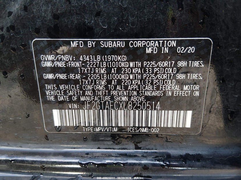 2020 Subaru Xv VIN JF2GTAECXL8250514 IAAI salvage auction — HAIL, Salvage (Kansas), sold $5,950 on 2026-09-25 (photo 9)