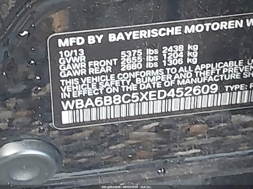 2014 BMW 6er VIN WBA6B8C5XED452609 IAAI salvage auction — FRONT END, Mv-907A (New York), sold $25 on 2026-09-03 (photo 9)