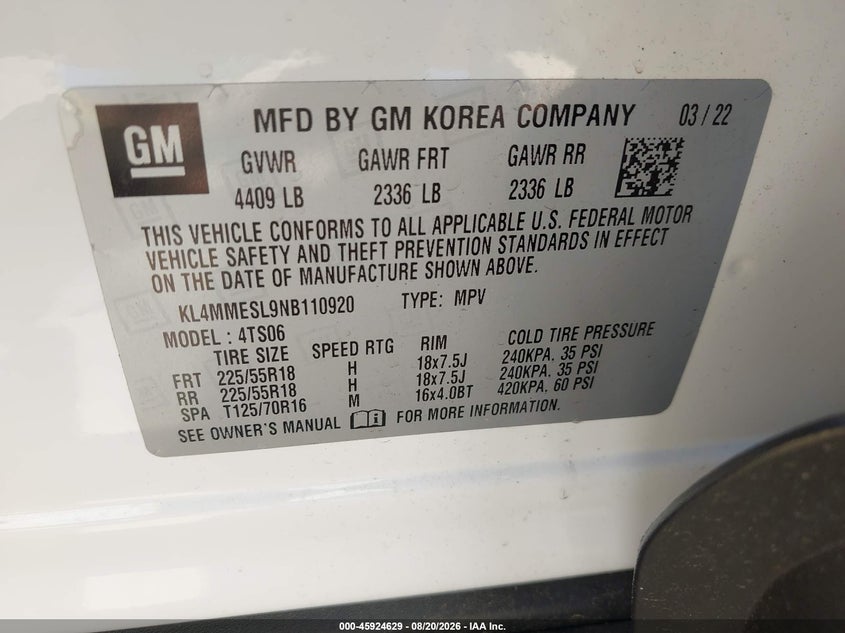 2022 Buick Encore gx VIN KL4MMESL9NB110920 IAAI salvage auction — LEFT FRONT, Wait Title, sold $2,450 on 2026-09-17 (photo 9)