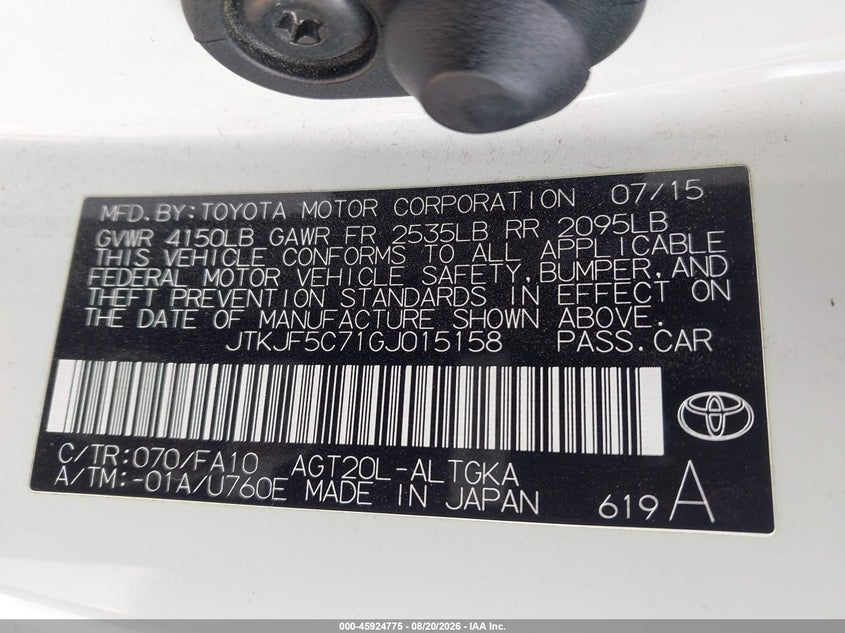 2016 Scion Tc VIN JTKJF5C71GJ015158 IAAI salvage auction — RIGHT FRONT, Salvage (California), sold $2,200 on 2026-09-13 (photo 9)