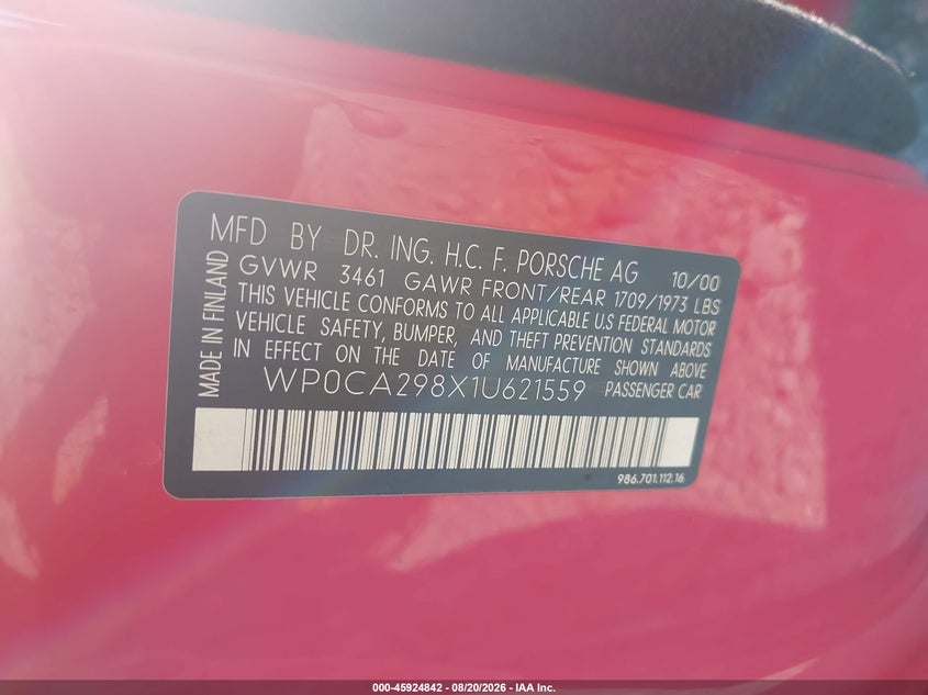 2001 Porsche Boxster VIN WP0CA298X1U621559 IAAI salvage auction — ALL OVER, Clear (Georgia), sold $700 on 2026-08-26 (photo 9)