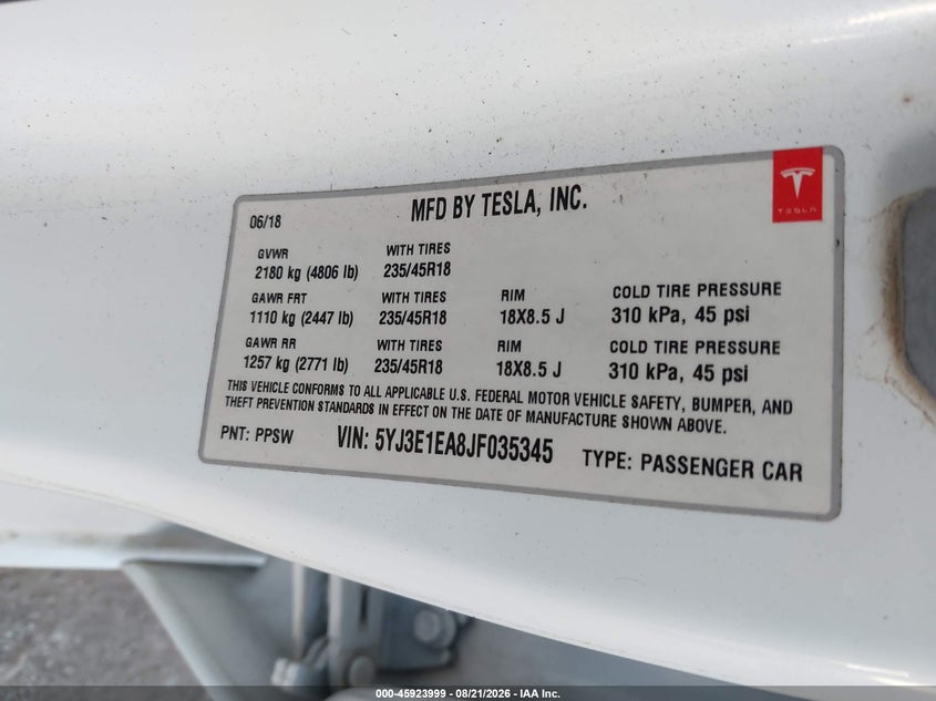 2018 Tesla Model 3 VIN 5YJ3E1EA8JF035345 IAAI salvage auction — ALL OVER, Wait Title, sold $3,650 on 2026-10-02 (photo 9)
