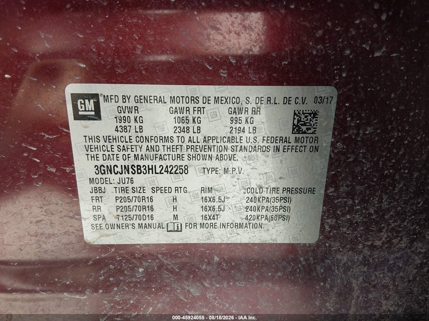 2017 Chevrolet Trax VIN 3GNCJNSB3HL242258 IAAI salvage auction — NORMAL WEAR, SF97 (Montana), sold $4,450 on 2026-10-14 (photo 9)