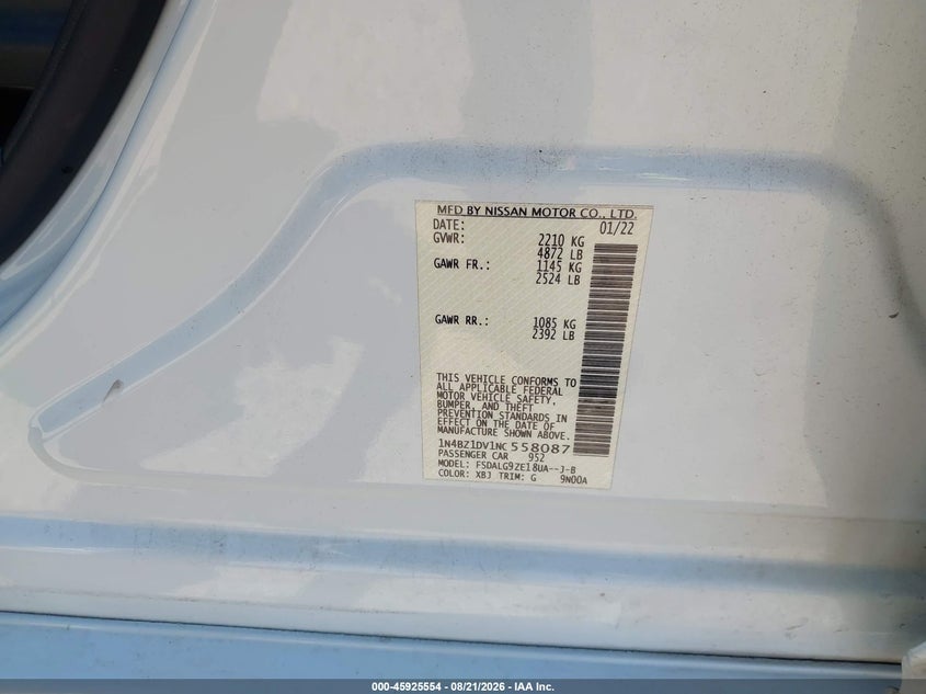 2022 Nissan Leaf VIN 1N4BZ1DV1NC558087 IAAI salvage auction — RIGHT SIDE, Salvage (Texas), sold $8,100 on 2026-10-12 (photo 9)