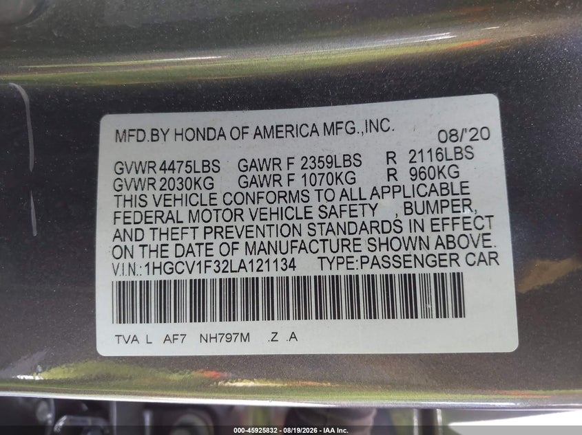 2020 Honda Accord VIN 1HGCV1F32LA121134 IAAI salvage auction — LEFT FRONT, Salvage (California), sold $6,650 on 2026-09-07 (photo 9)