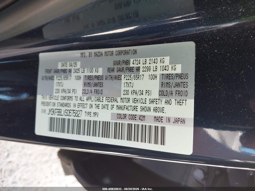 2025 Mazda Cx-5 VIN JM3KFBBLXS0675827 IAAI salvage auction — SIDE, Enterprise Vehicles Clear Only (Washington), sold $14,800 on 2026-08-26 (photo 9)