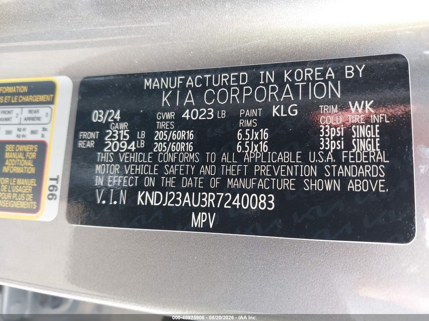 2024 Kia Soul VIN KNDJ23AU3R7240083 IAAI salvage auction — LEFT SIDE, Enterprise Vehicles Clear Only (Illinois), sold $9,000 on 2026-08-23 (photo 9)