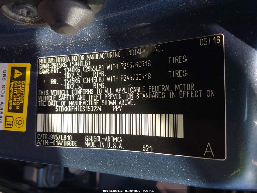 2016 Toyota Highlander VIN 5TDKKRFH1GS153224 IAAI salvage auction — REAR END, Salvage Certificate (California), sold $6,700 on 2026-08-23 (photo 9)