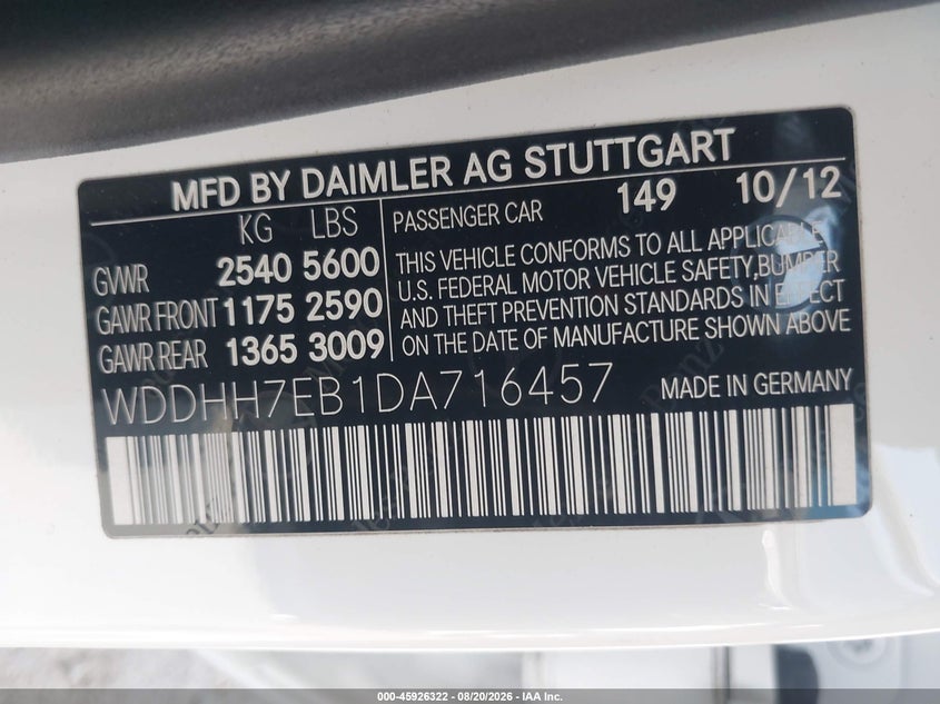 2013 Mercedes-benz E-klasse amg VIN WDDHH7EB1DA716457 IAAI salvage auction — SIDE, Wait Title, sold $11,000 on 2026-10-07 (photo 9)