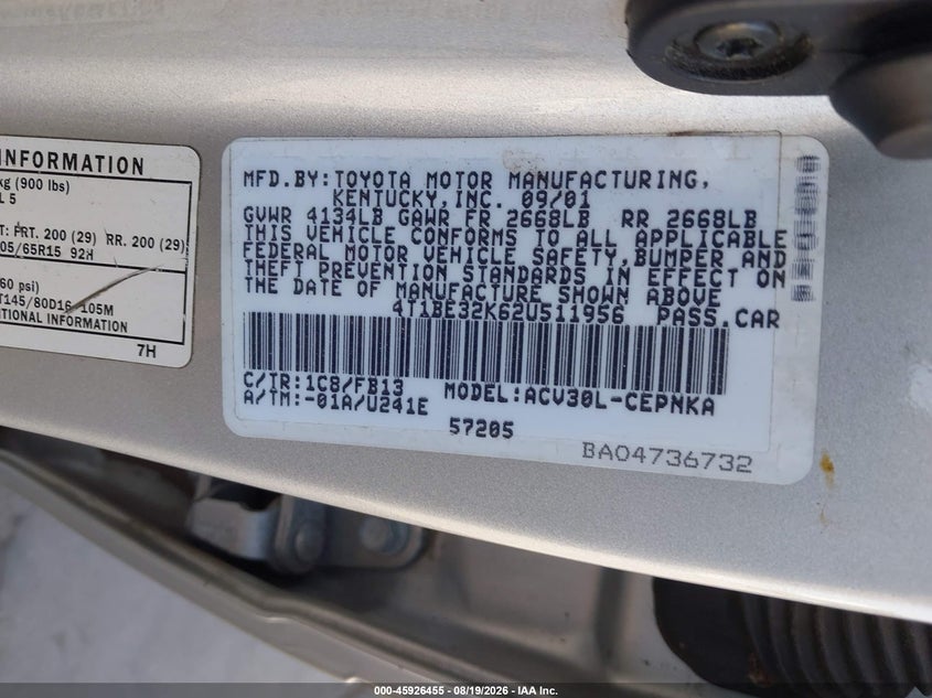 2002 Toyota Camry VIN 4T1BE32K62U511956 IAAI salvage auction — NORMAL WEAR, Original (Texas), sold $775 on 2026-08-28 (photo 9)
