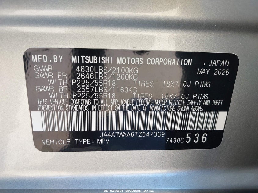 2026 Mitsubishi Eclipse cross VIN JA4ATWAA6TZ047369 IAAI salvage auction — FRONT END, Enterprise Vehicles Clear Only (Oregon), sold $9,600 on 2026-08-23 (photo 9)