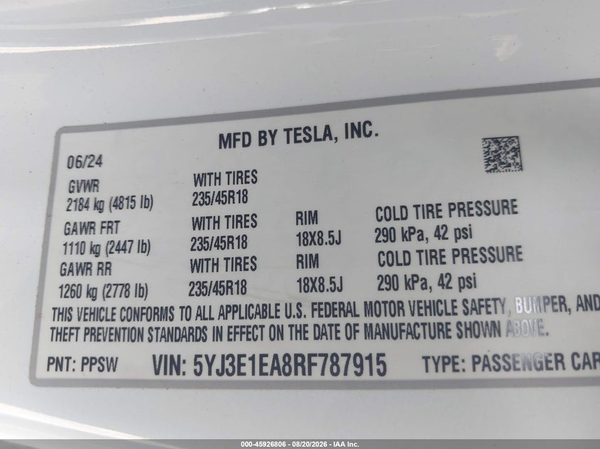 2024 Tesla Model 3 VIN 5YJ3E1EA8RF787915 IAAI salvage auction — REAR END, Wait Title, sold $15,300 on 2026-10-01 (photo 9)