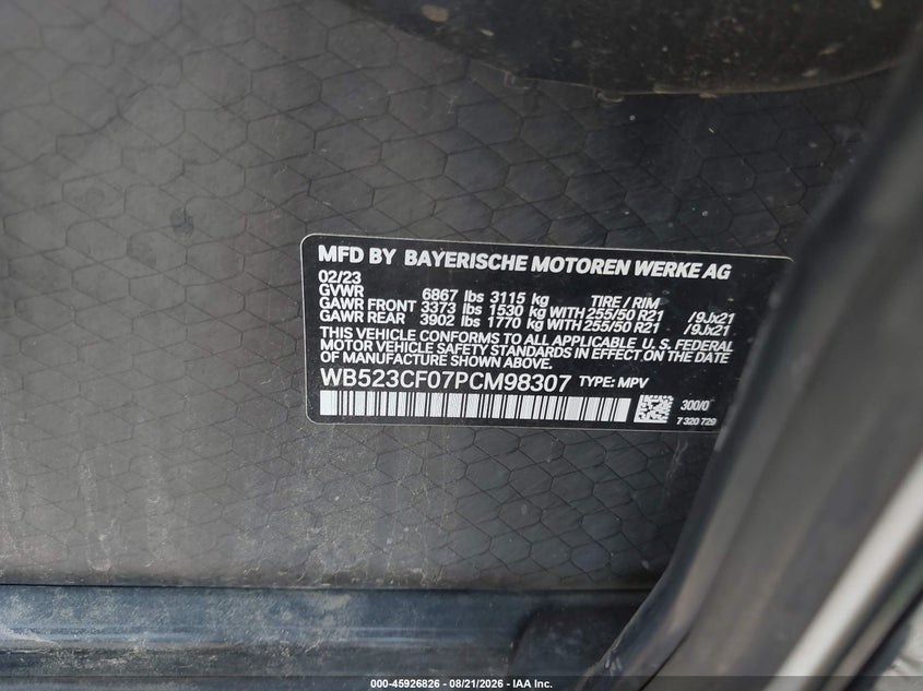 2023 BMW Ix VIN WB523CF07PCM98307 IAAI salvage auction — FRONT END, Salvage Title, sold $23,825 on 2026-10-02 (photo 9)