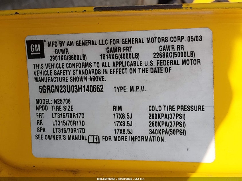 2003 Hummer H2 VIN 5GRGN23U03H140662 IAAI salvage auction — NORMAL WEAR, Clear (Maryland), sold $1,050 on 2026-09-09 (photo 9)