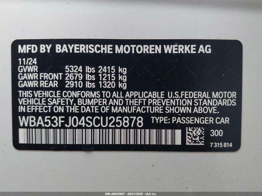 2025 BMW 5er VIN WBA53FJ04SCU25878 IAAI salvage auction — FRONT END, Salvage Title, sold $26,250 on 2026-10-10 (photo 9)