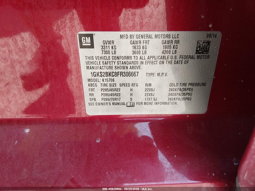 2015 Gmc Yukon VIN 1GKS2BKC8FR306667 IAAI salvage auction — REAR END, Original (Texas), sold $7,200 on 2026-10-06 (photo 9)